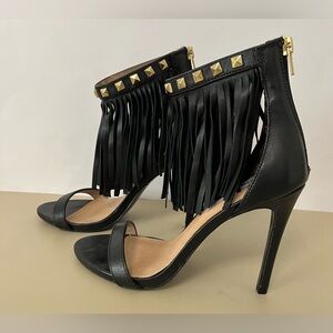 Steve Madden "Sioux" black leather studded fringe ankle strap heel sandals